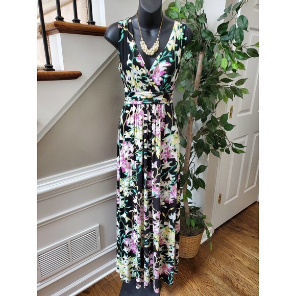 Jennifer Lopez Women's Black Floral Rayon V-Neck Sleeveless Long Maxi Dress XS - Picture 10 of 10